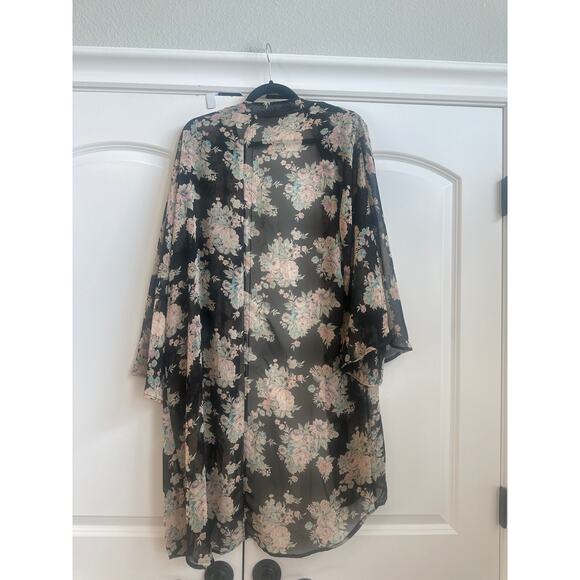 Honey Punch Sheer Black with Pastel Floral Long Open Front Kimono - Picture 6 of 6